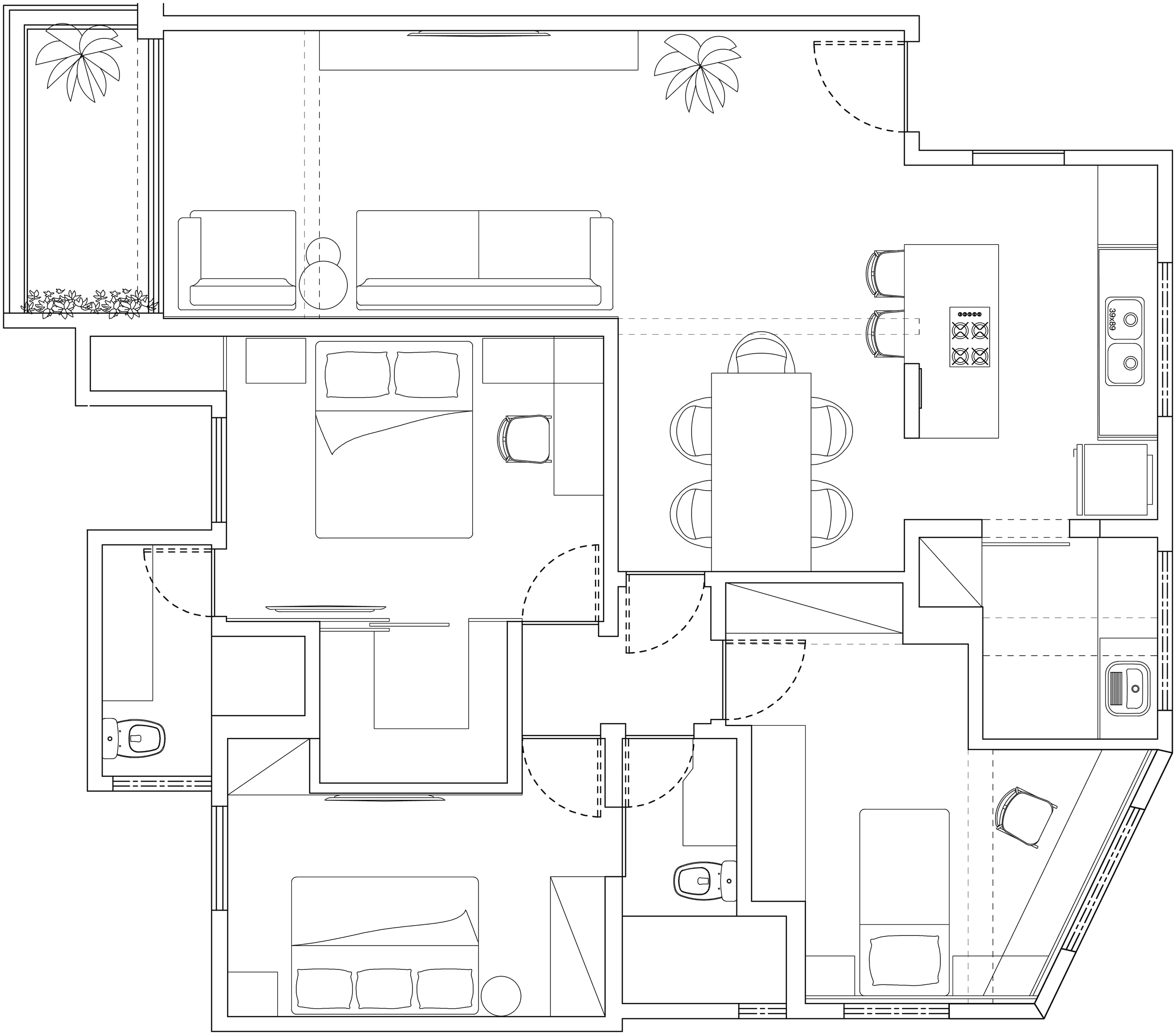 Planta baixa do layout 06 do apartamento José Napoleão, com sala, cozinha, três suítes e áreas externas