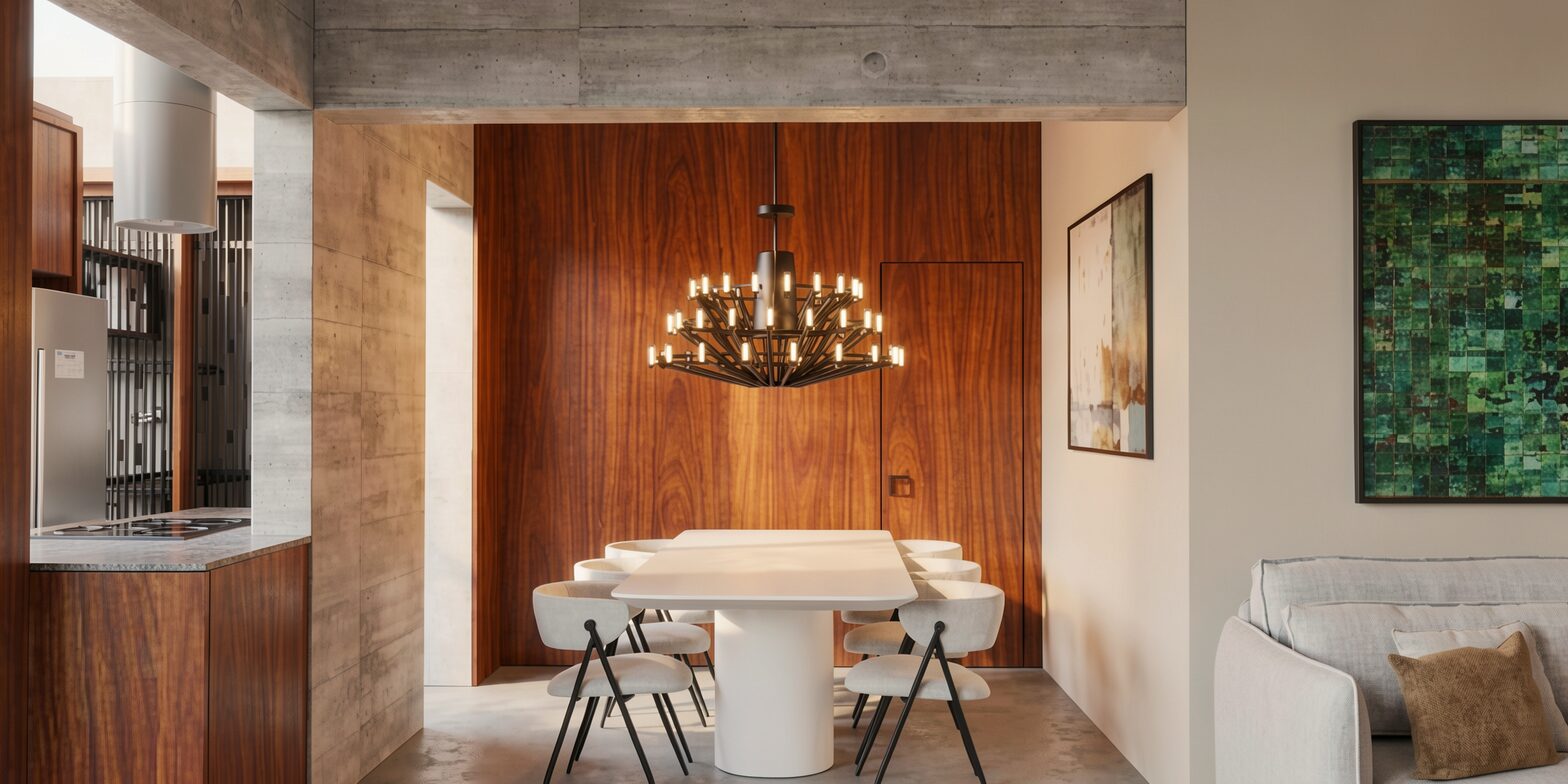 Sala de jantar com painel em madeira